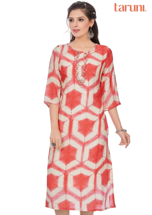 cream/Red Dola Silk Zardosi & Embroidered Straight Cut Kurti