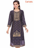 Navy Blue Banaras Silk Printed Straight Cut Kurti