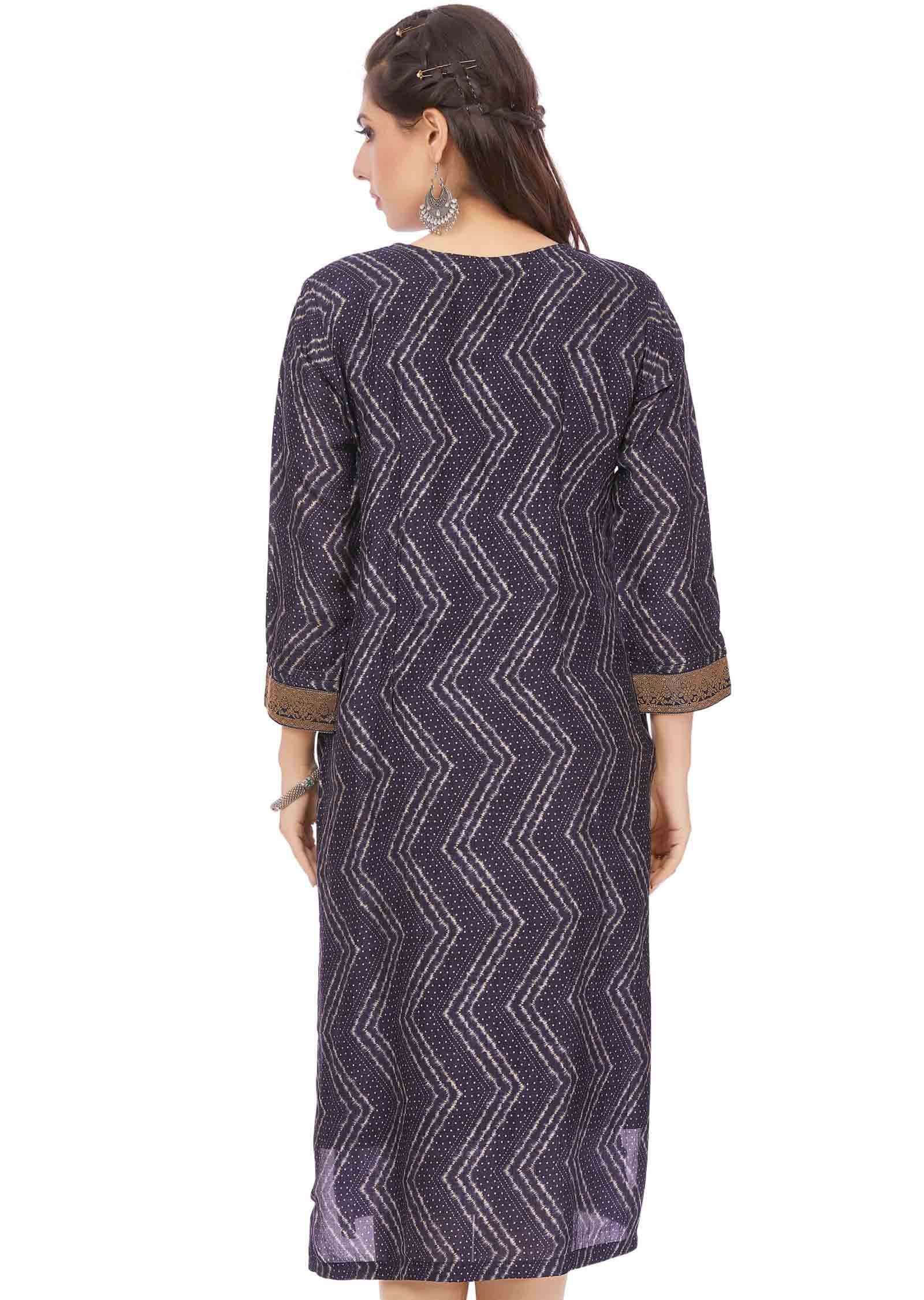 Navy Blue Banaras Silk Printed Straight Cut Kurti