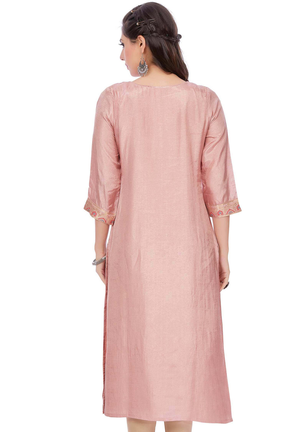 Onion Pink Banaras Silk Straight Cut Kurti