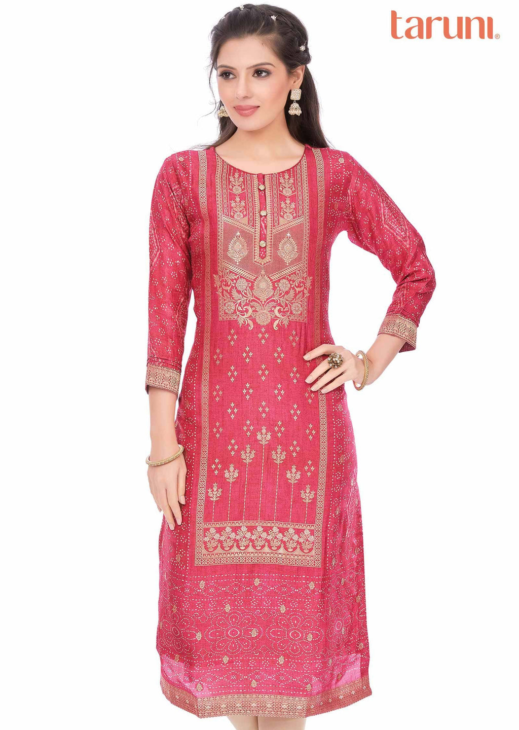 Rani Pink Banaras Silk Printed Straight Cut Kurti