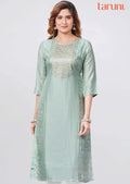 Pista Green Silk Sequins Straight Cut Kurti