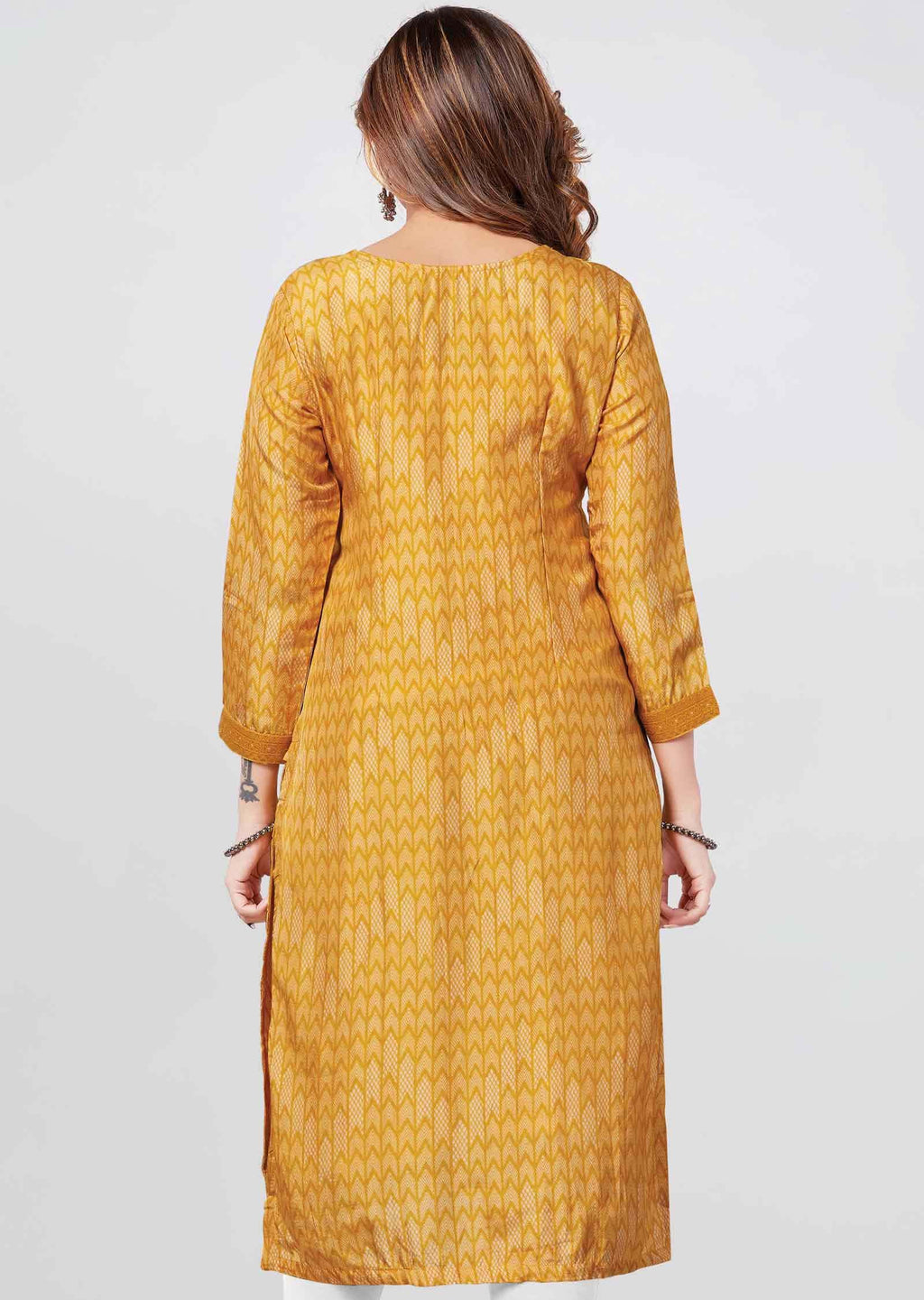 Yellow Banaras Printed Straight Cut Kurti