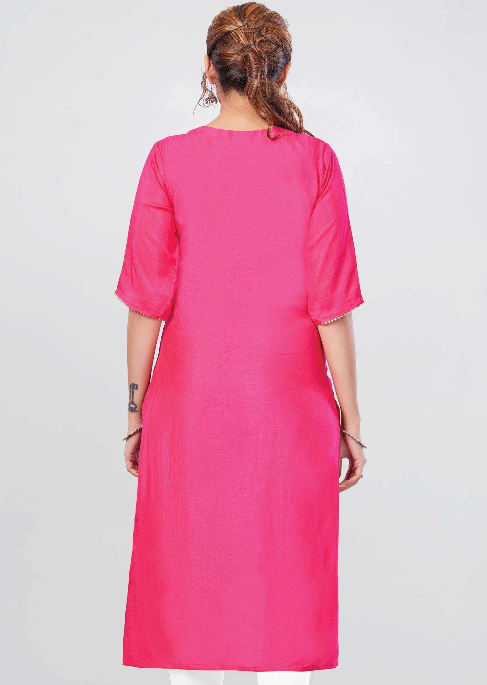 Rani Pink Silk Straight Cut Kurti