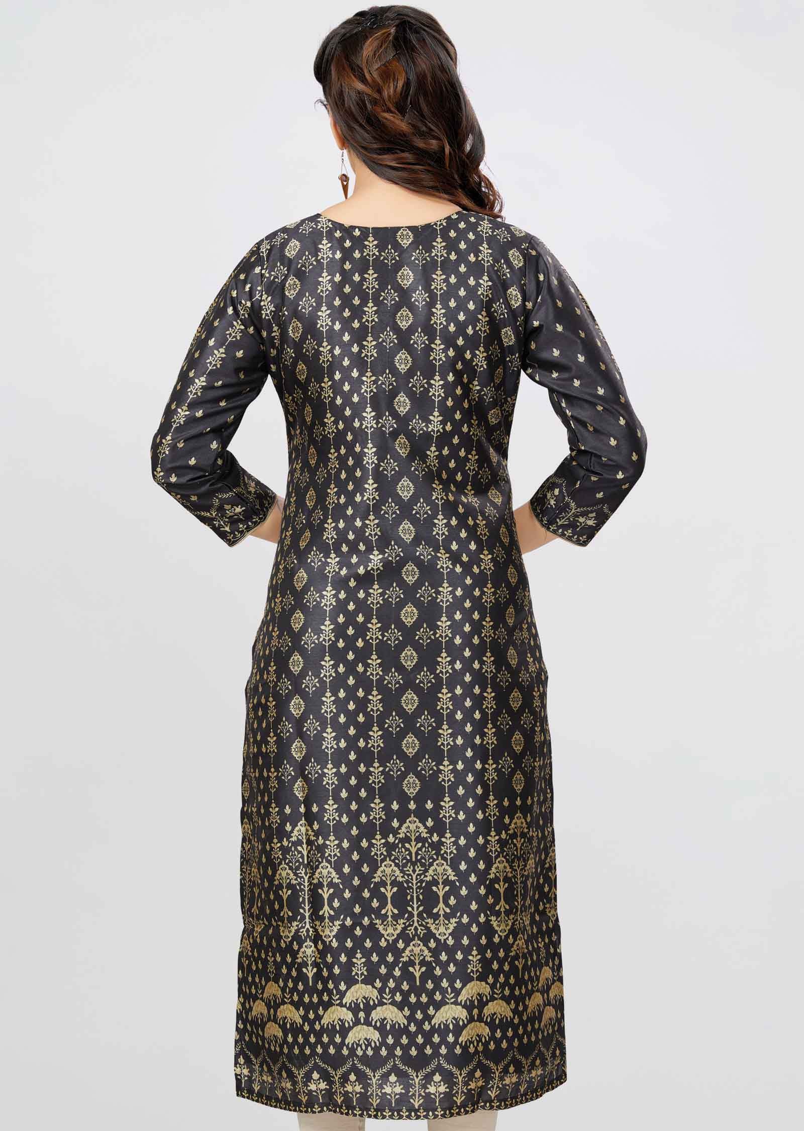 Black Chanderi Printed Straight Cut Kurti