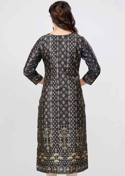 Black Chanderi Printed Straight Cut Kurti