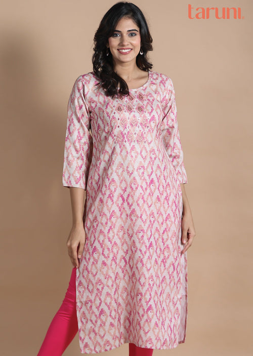 Beige & Pink Linen Cotton Kurti Straight Cut