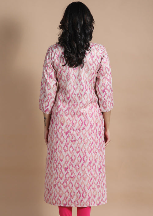 Beige & Pink Linen Cotton Kurti Straight Cut