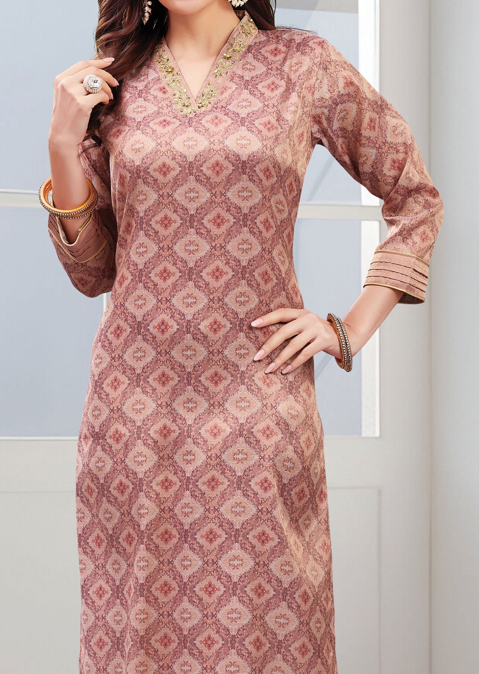 Peach Tissue Silk Straight Cut Kurti with Zari & Sequins