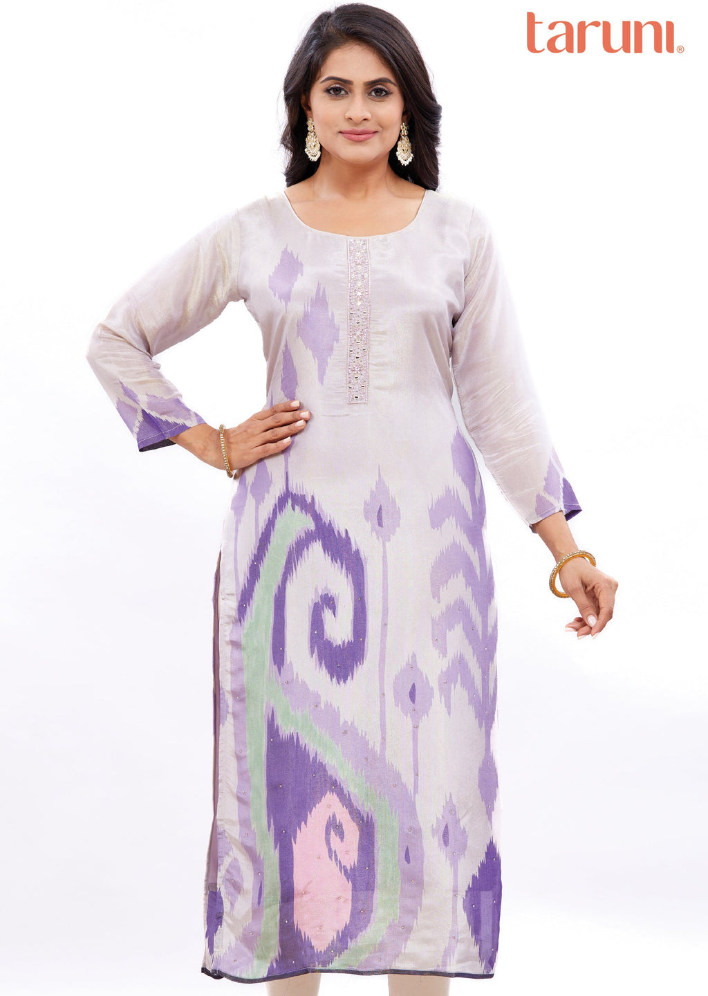 Lavender Straight Cut Kurti with Sequence & Mirror Work