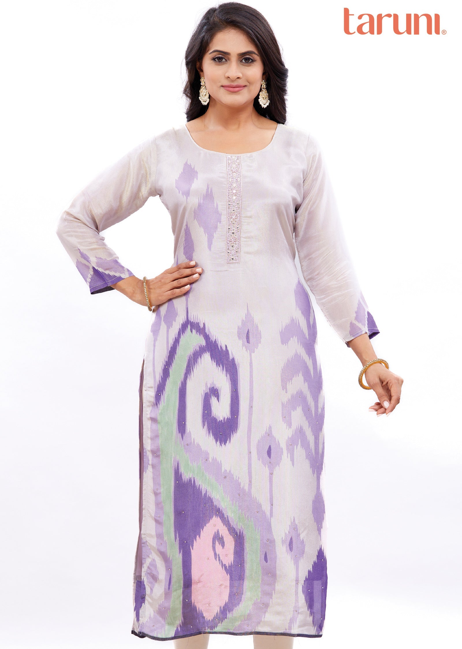 Lavender Straight Cut Kurti with Sequence & Mirror Work