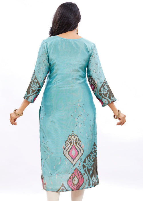 Dark Sea Green Straight Cut Kurti with Beads & Mirror Work