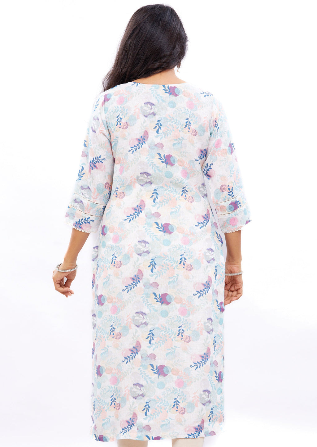 Off White Multi Color Linen Straight Cut Kurti with Zardosi