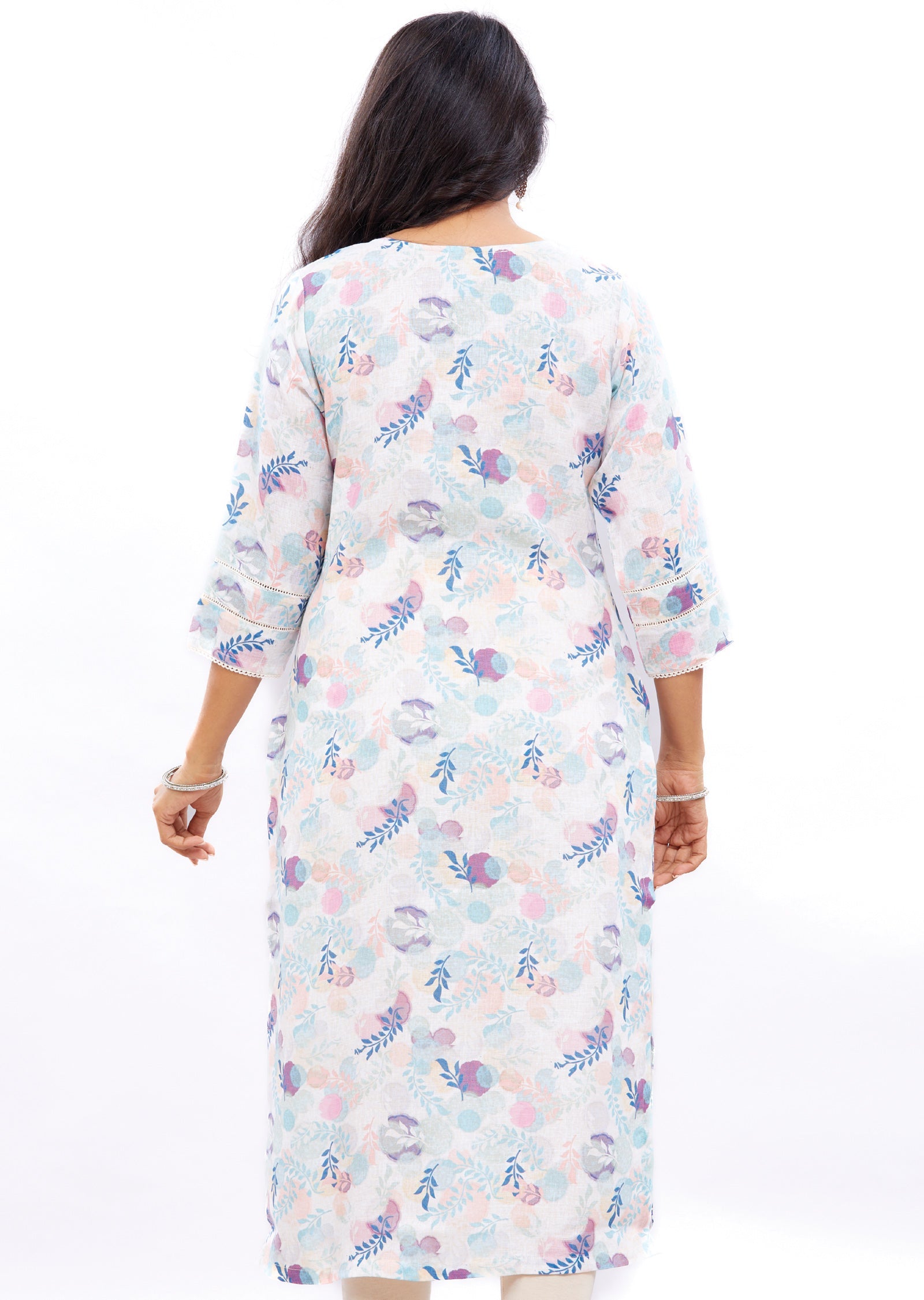 Off White Multi Color Linen Straight Cut Kurti with Zardosi