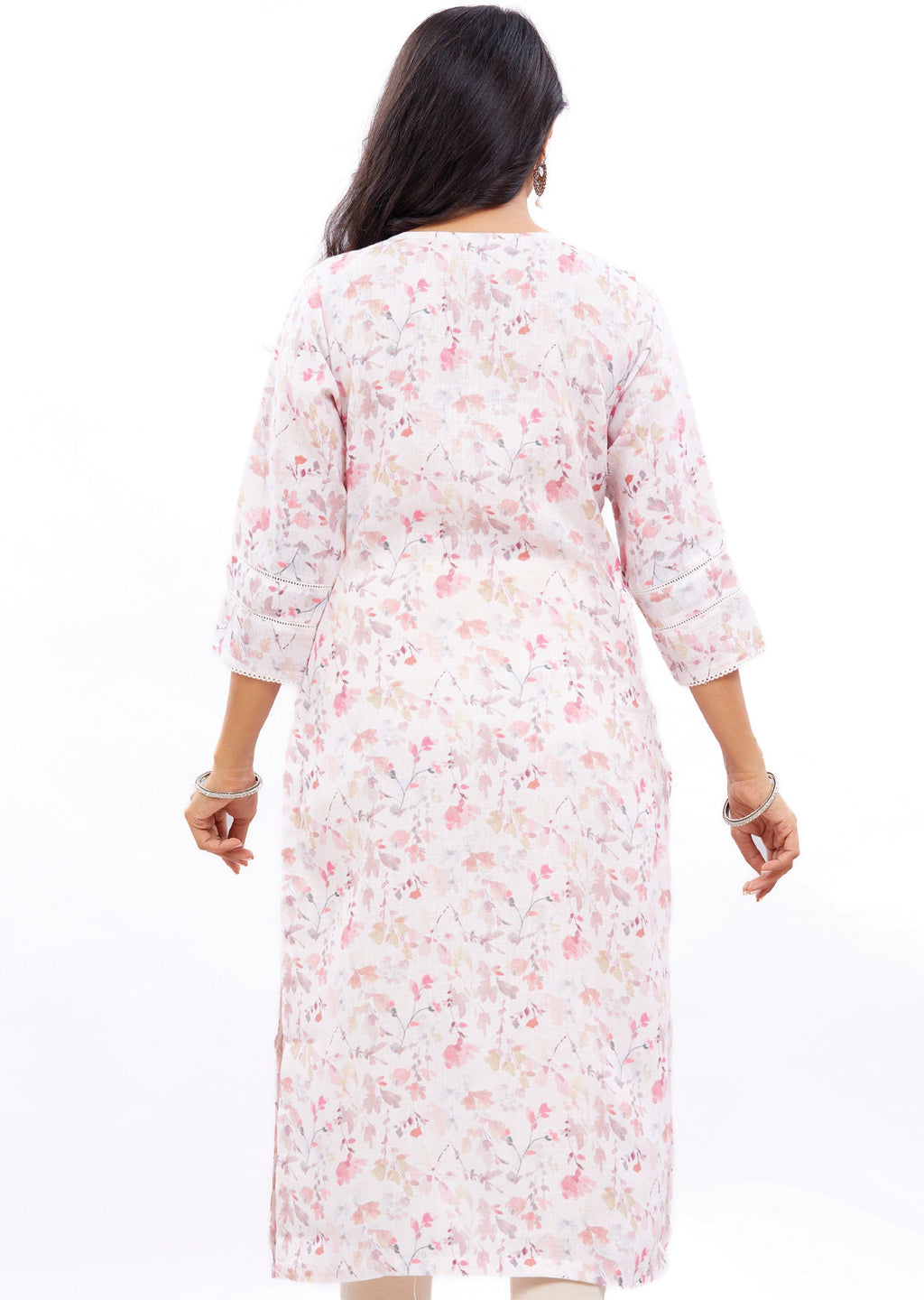 Peach Printed Linen Straight Cut Kurti with Zardosi Work