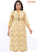 Yellow Printed Linen Straight Cut Kurti with Zardosi Work