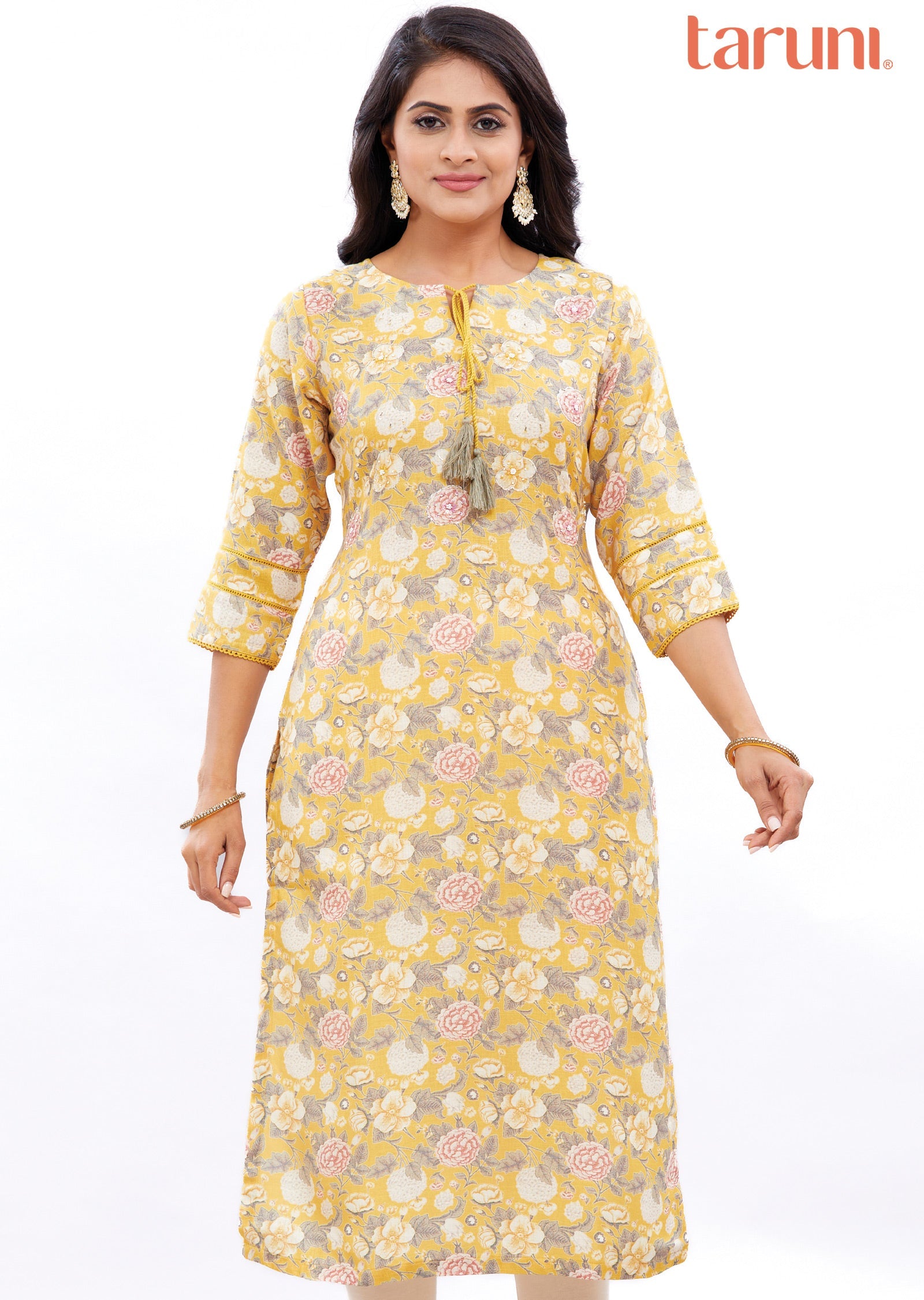 Yellow Printed Linen Straight Cut Kurti with Zardosi Work