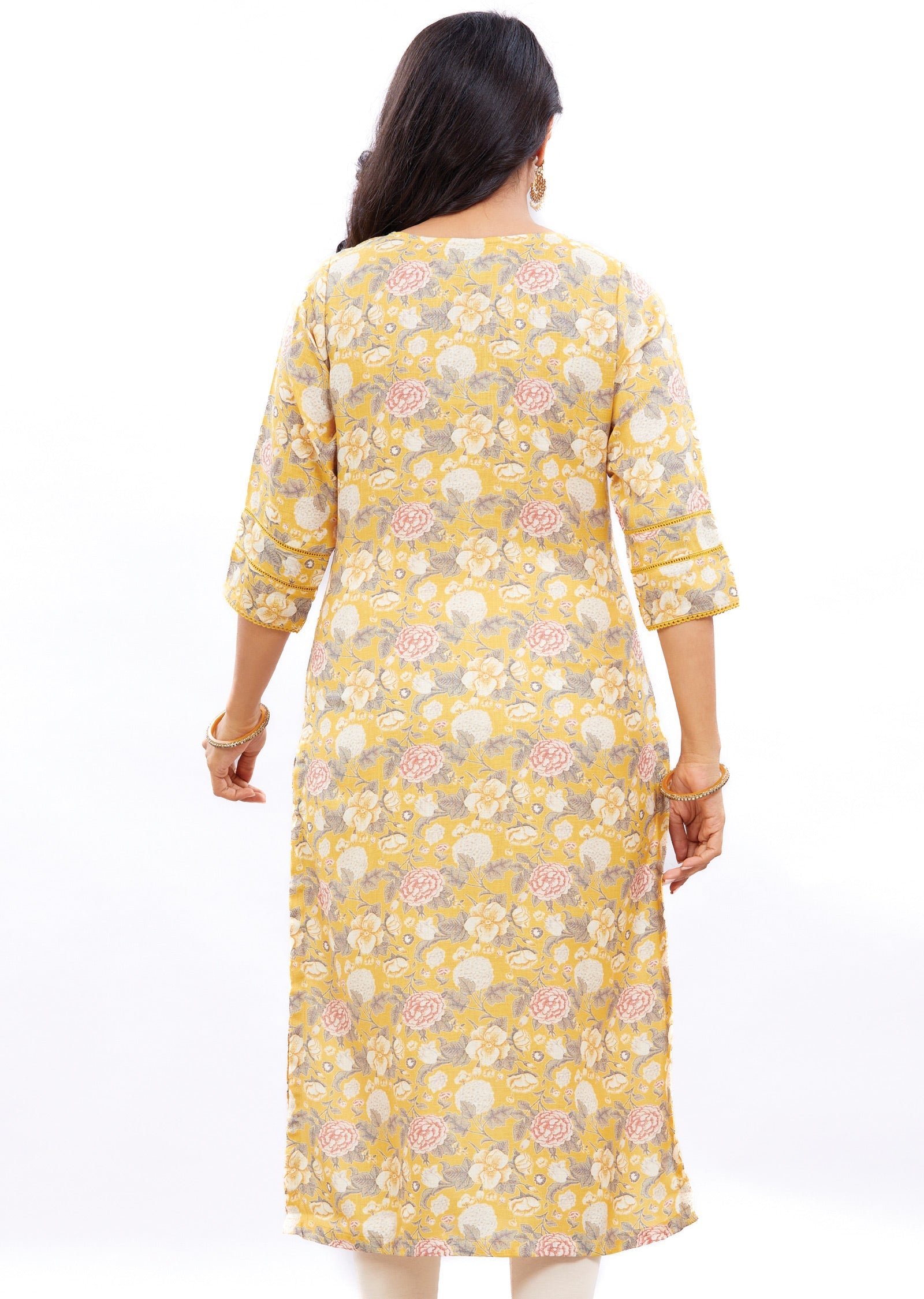 Yellow Printed Linen Straight Cut Kurti with Zardosi Work