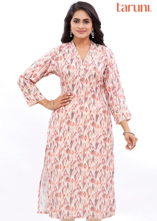 Beige Linen Straight Cut Kurti with Zardosi Work