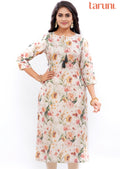 Beige Printed Linen Straight Cut Kurti with Zardosi Work