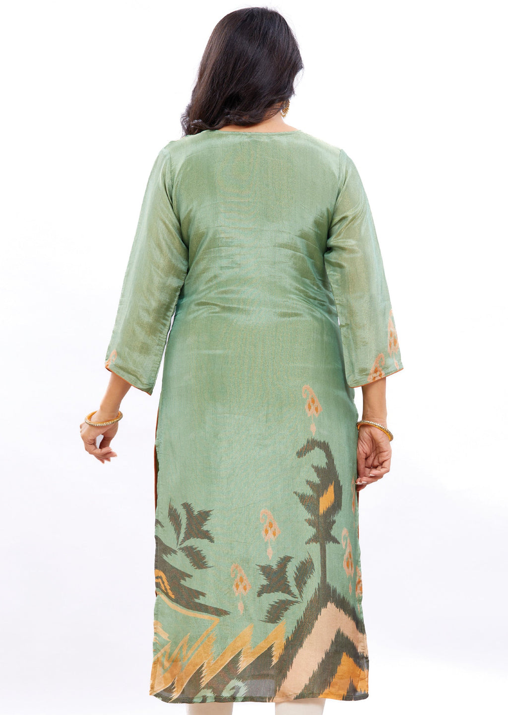 Mehndi Green Ikkat Printed Tissue Silk Straight Cut Kurti