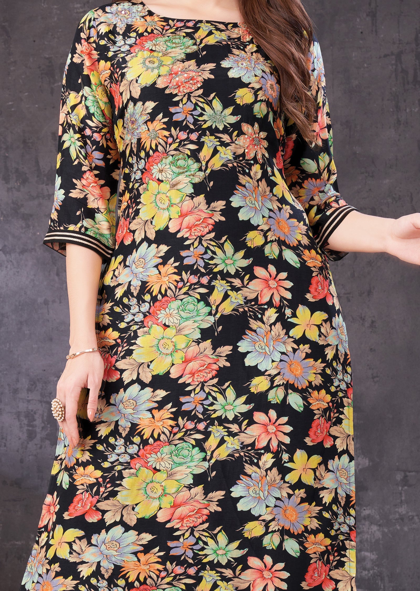 Black Digital Printed Silk Straight Cut Kurti