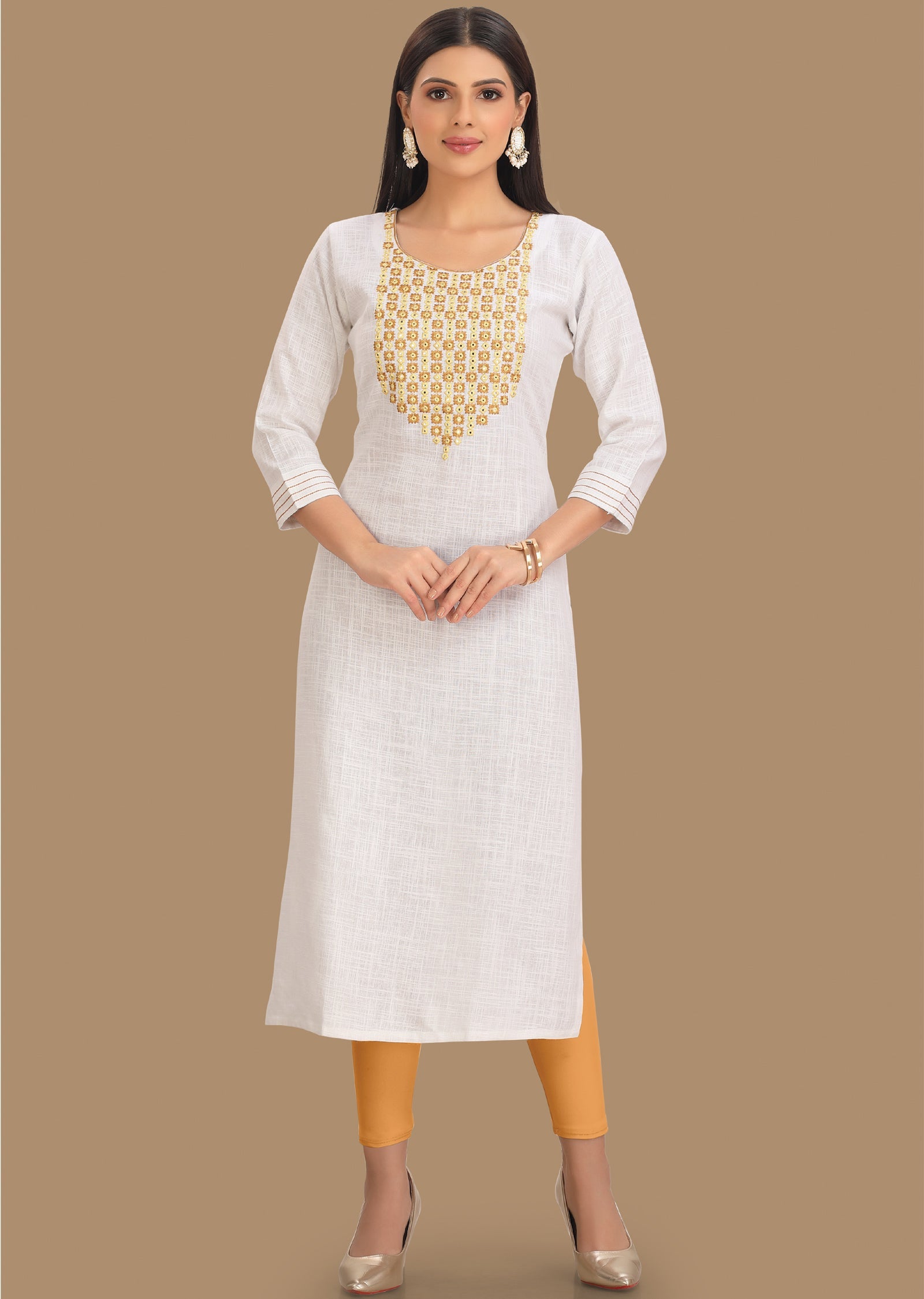 Off White Linen Cotton Straight Cut Kurti