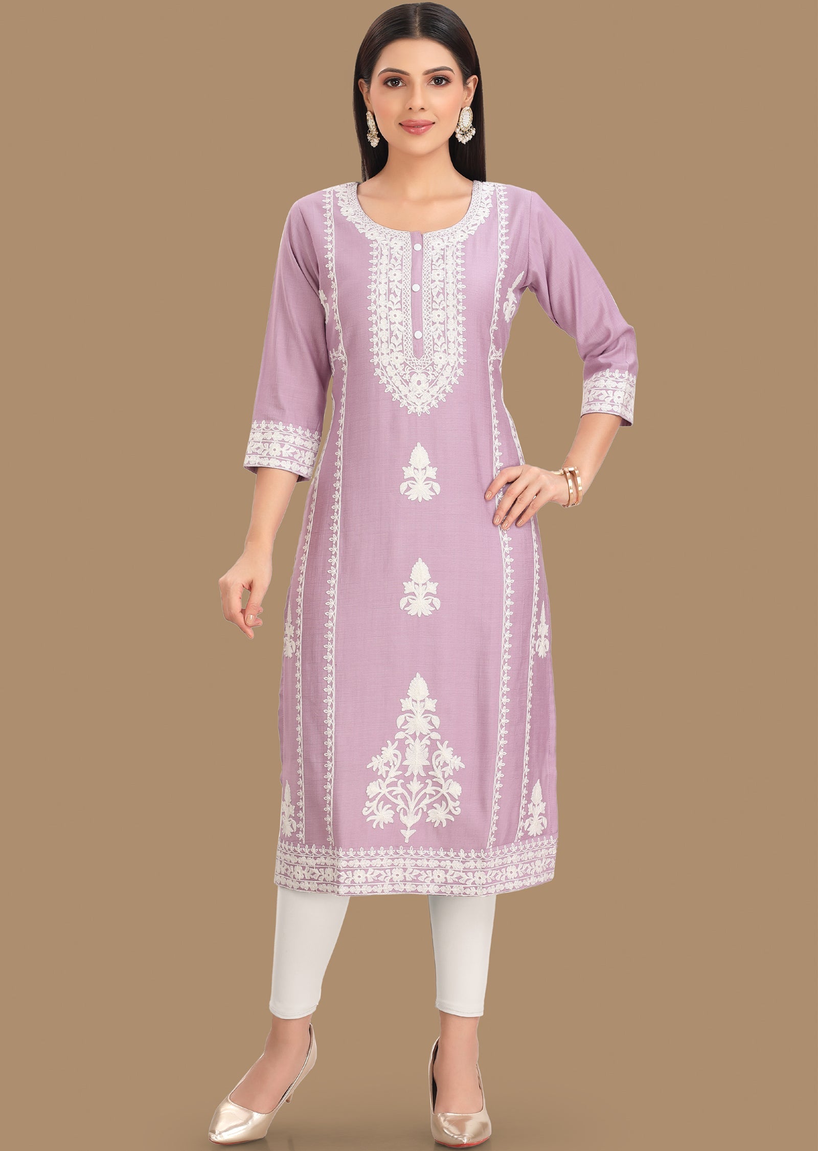 Light Lavender Gold Silk Straight Cut Kurti