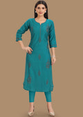 Rama Blue Silk Straight Cut Kurti
