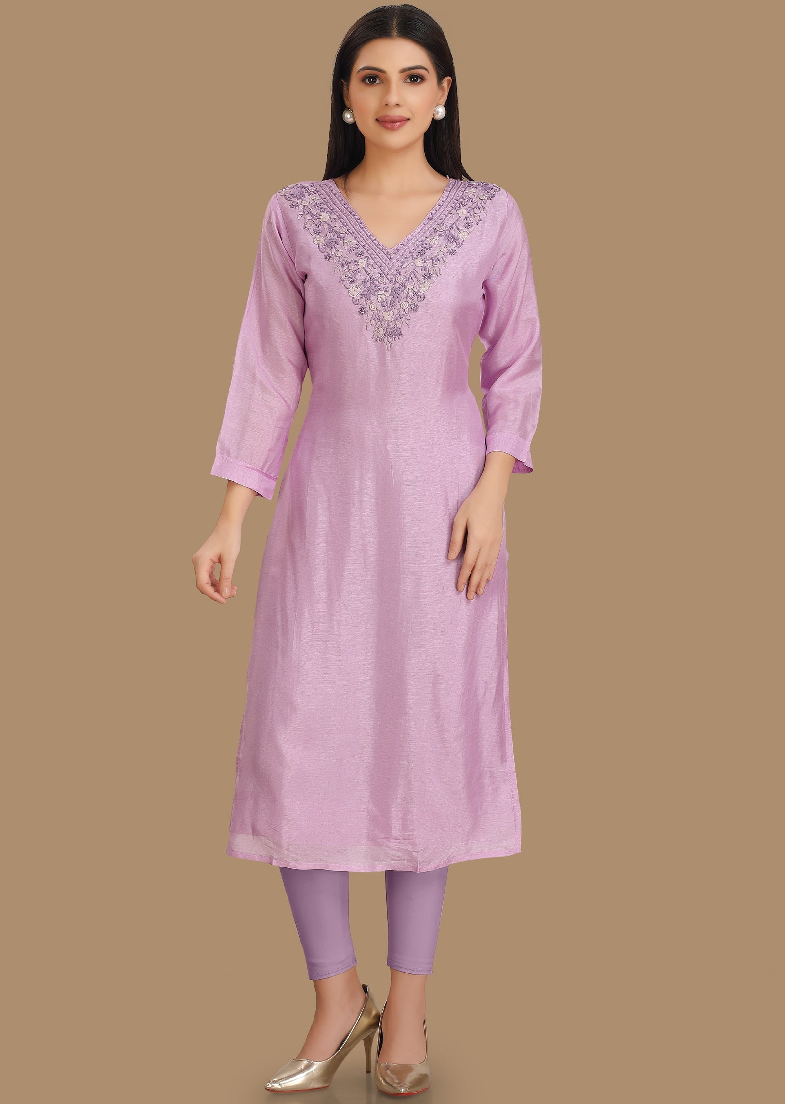 Light Lavender Dola Silk Straight Cut Kurti