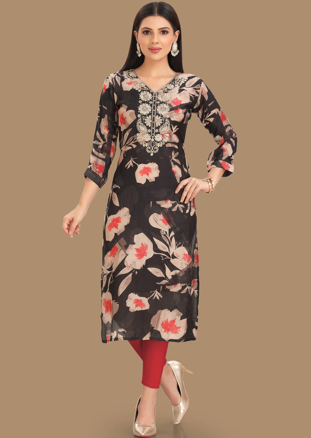 Black & Peach Soft Muslin Straight Cut Kurti