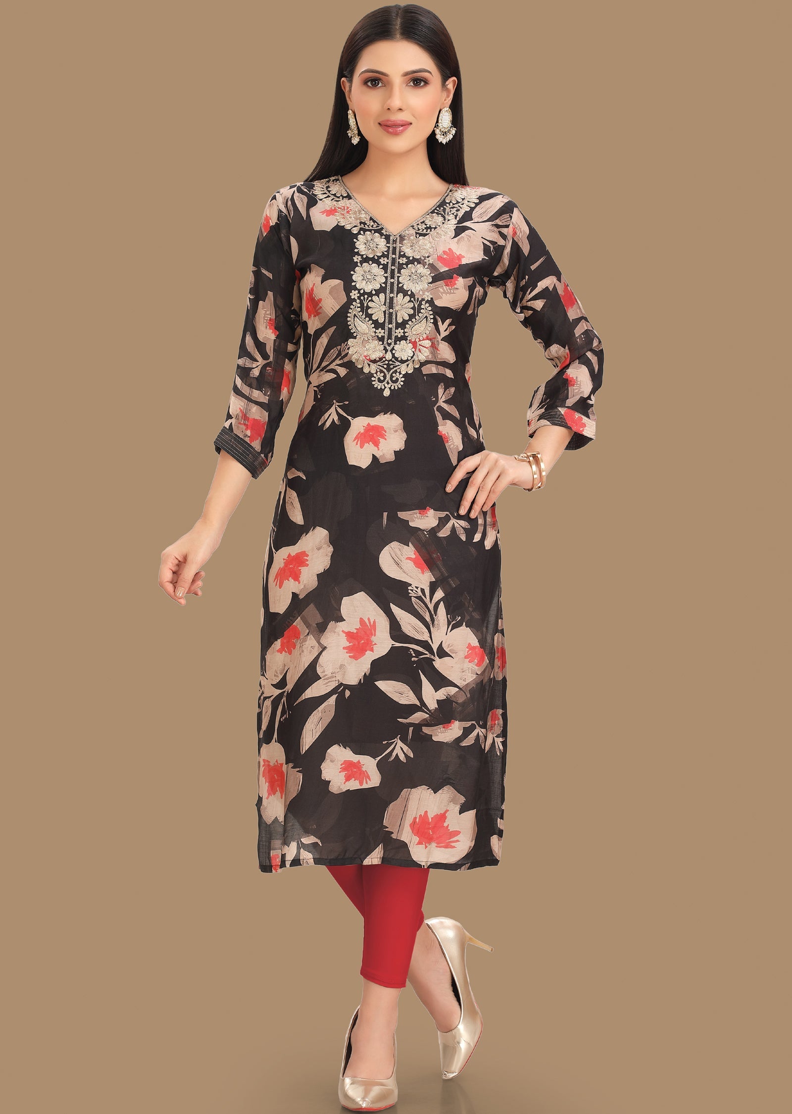 Black & Peach Soft Muslin Straight Cut Kurti