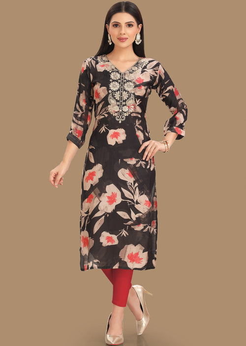 Black & Peach Soft Muslin Straight Cut Kurti