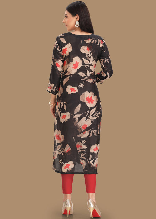 Black & Peach Soft Muslin Straight Cut Kurti