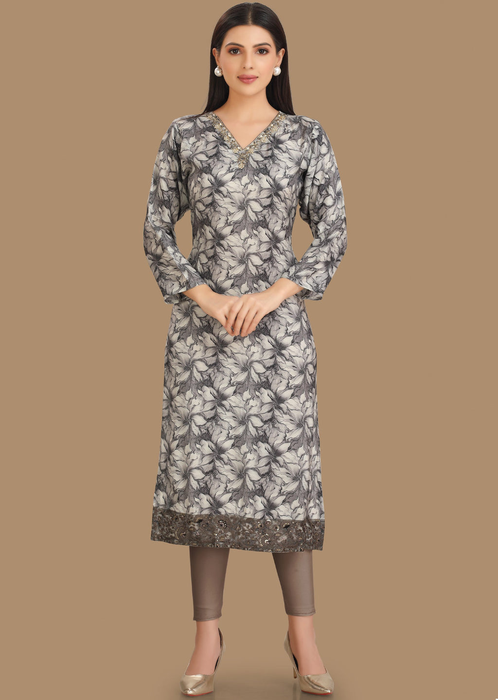 Black & Grey Muslin Straight Cut Kurti