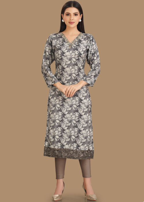 Black & Grey Muslin Straight Cut Kurti