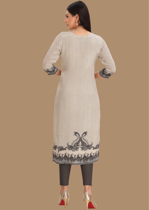 Cream & Black Crepe Straight Cut Kurti