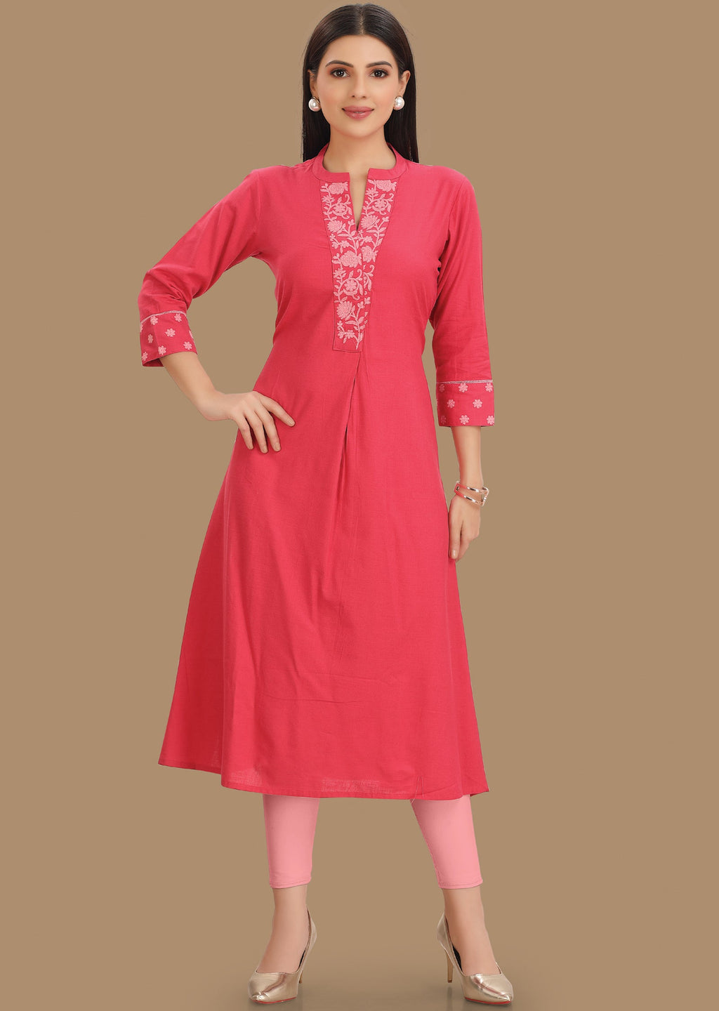 Dark Pink Cotton Straight Cut Kurti