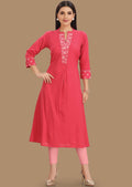 Dark Pink Cotton Straight Cut Kurti