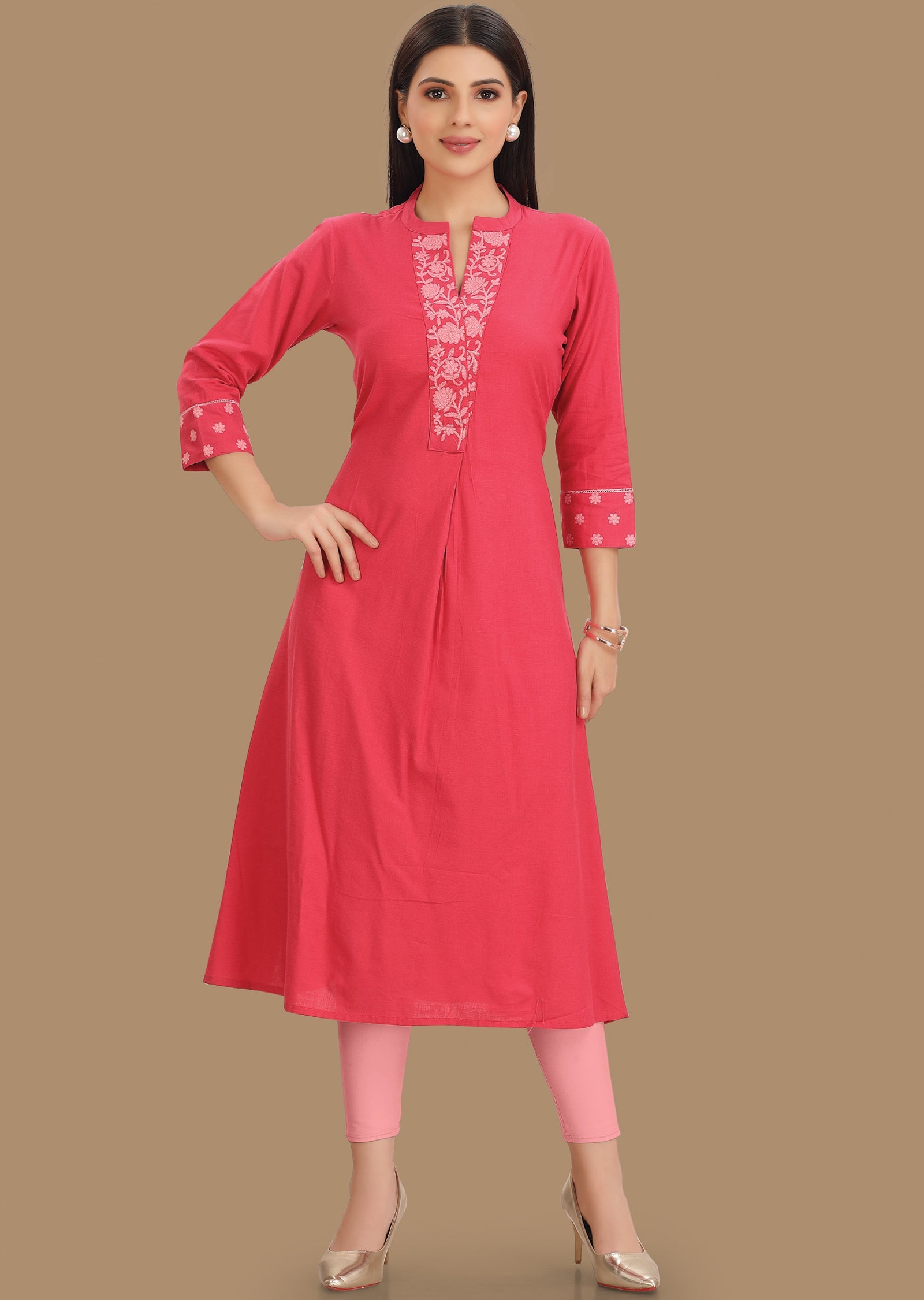 Dark Pink Cotton Straight Cut Kurti