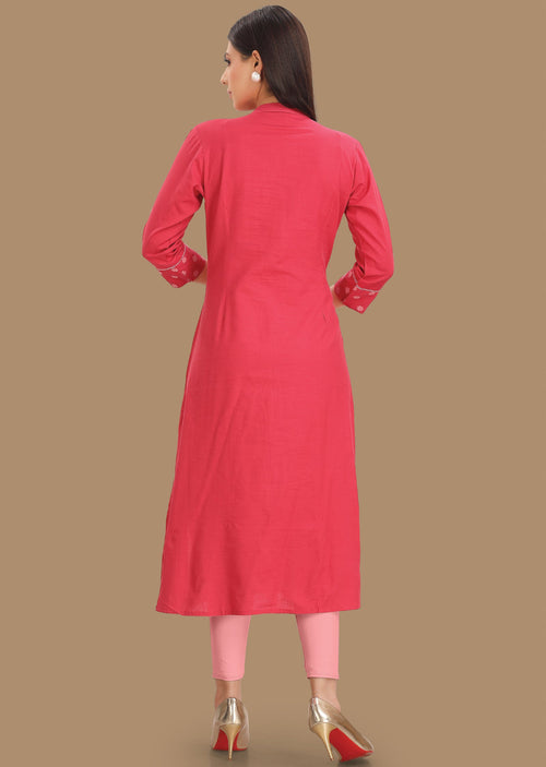 Dark Pink Cotton Straight Cut Kurti