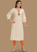 Off White Cotton Straight Cut Kurti