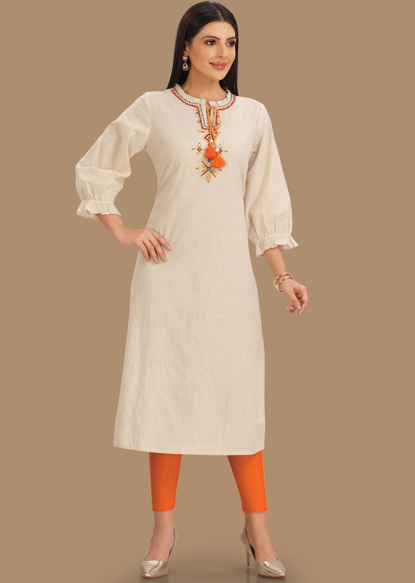 Off White Cotton Straight Cut Kurti