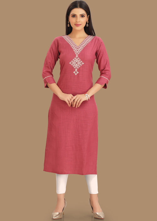 Dark Onion Pink Linen Cotton Straight Cut Kurti