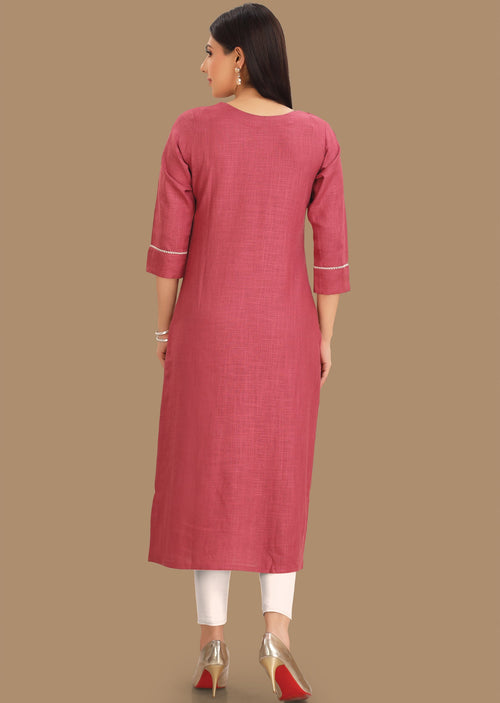 Dark Onion Pink Linen Cotton Straight Cut Kurti
