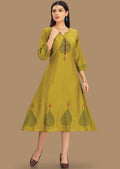 Lime Green Soft Silk A-Line Kurti