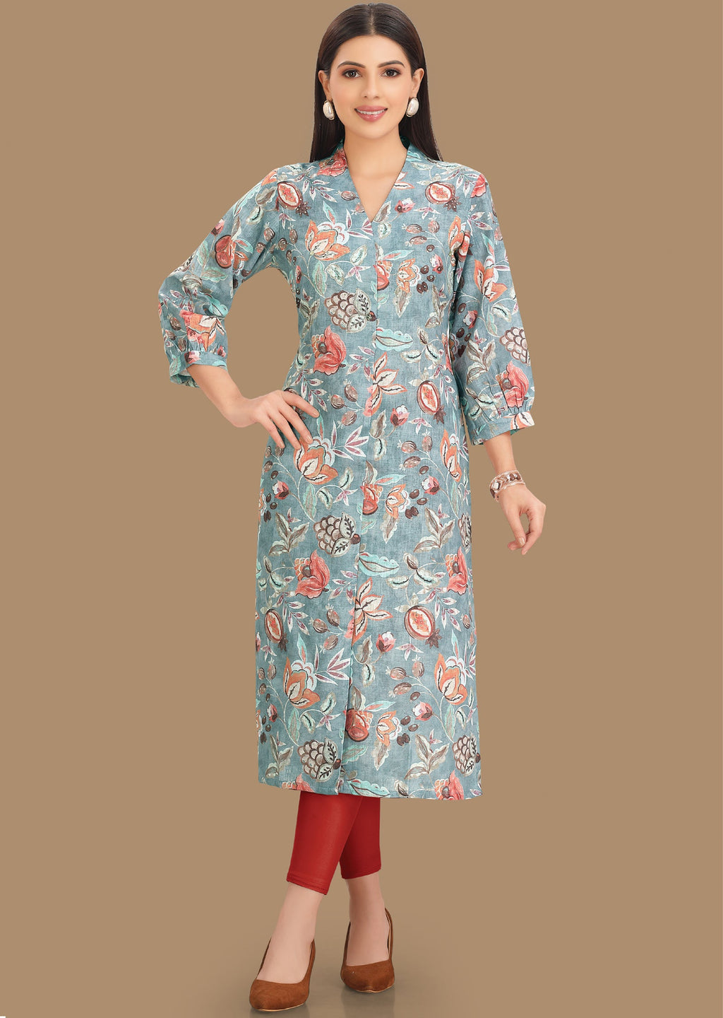 Grey Linen Cotton Kurti Straight Cut