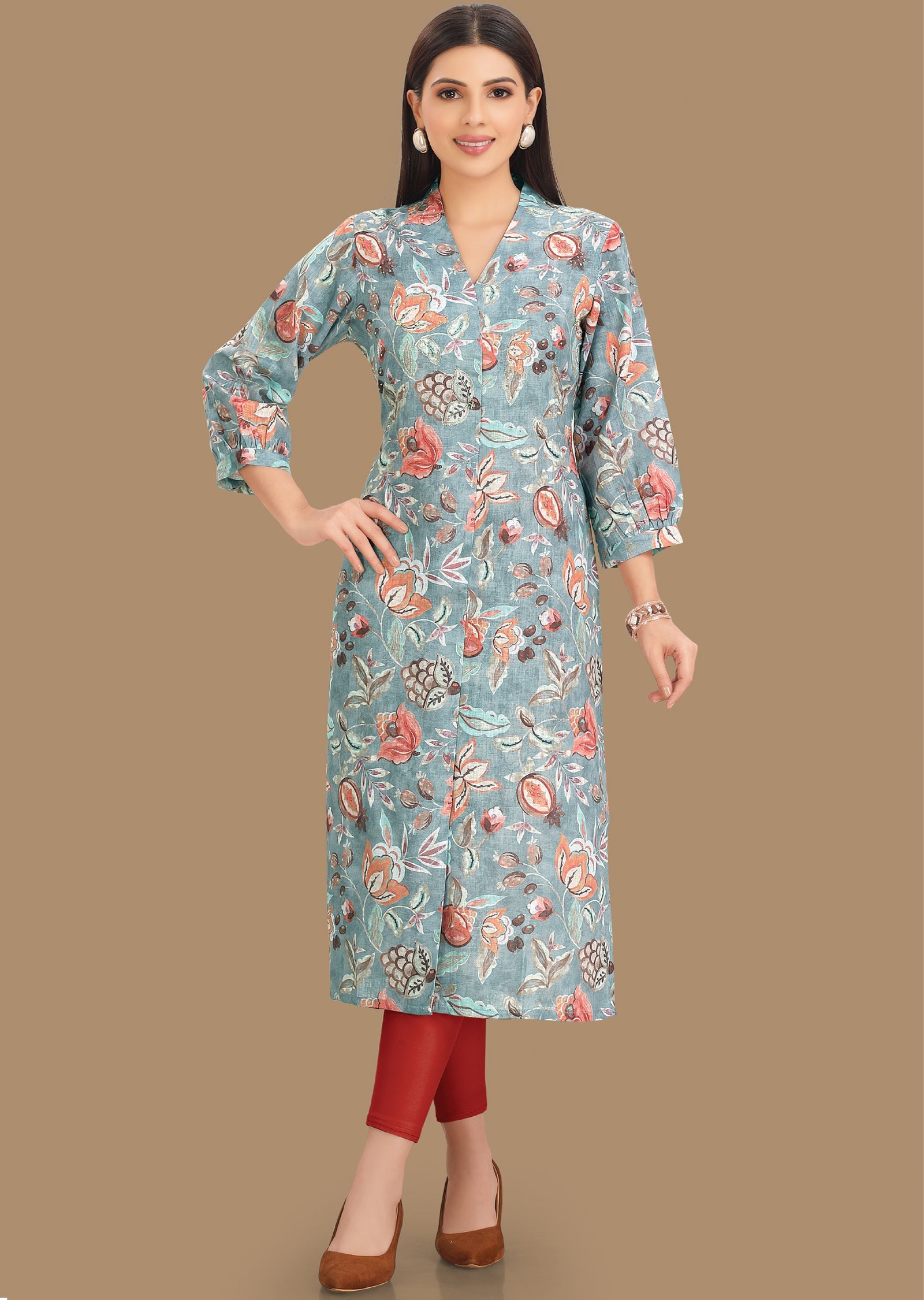 Grey Linen Cotton Kurti Straight Cut