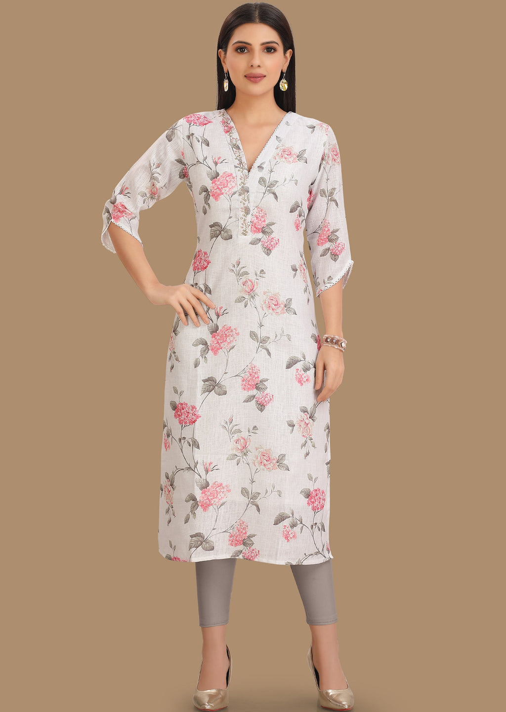 White Linen Cotton Kurti Straight Cut