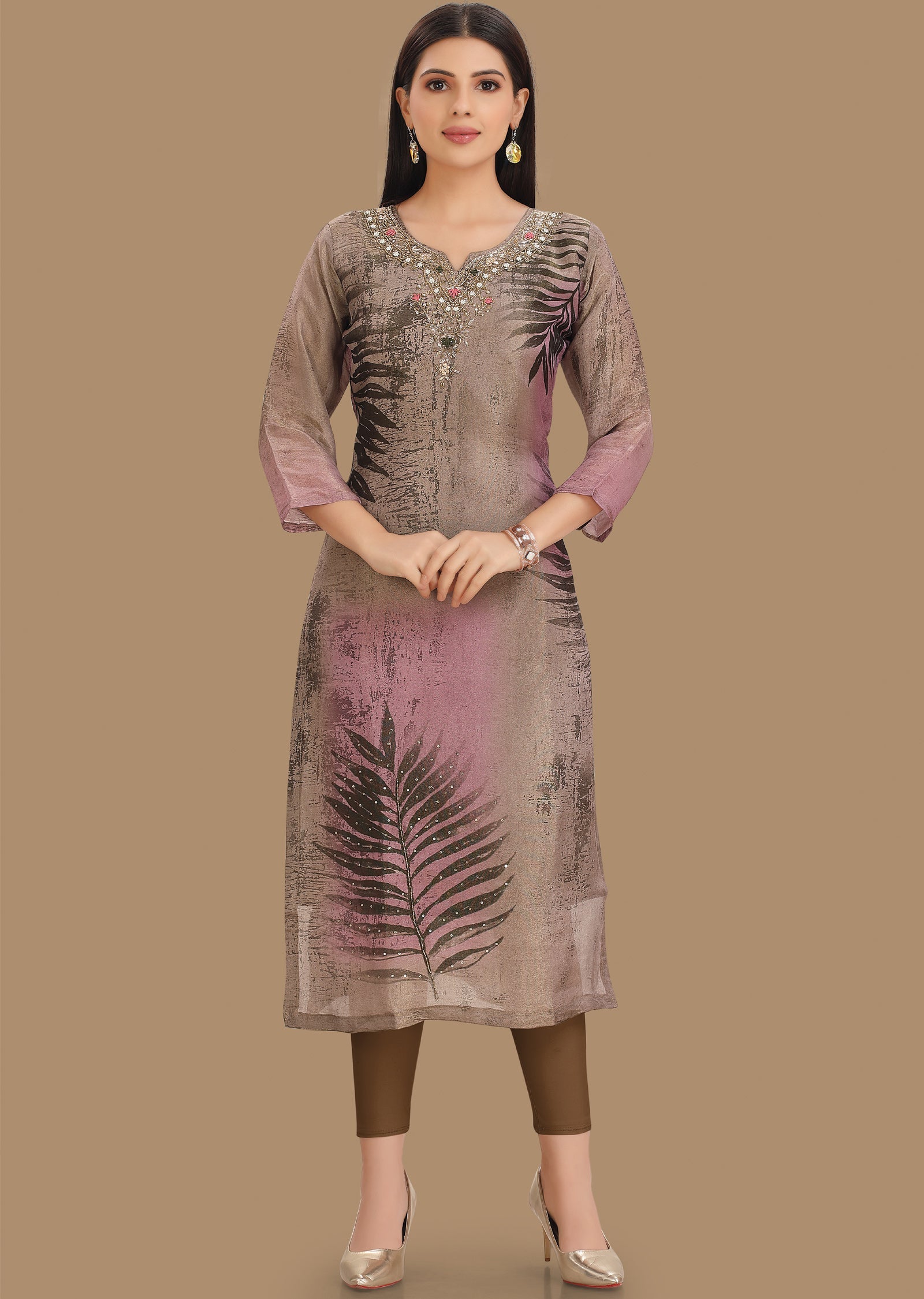Dark Bottle Green & Lavender Tissue Silk Kurti Straight Cut
